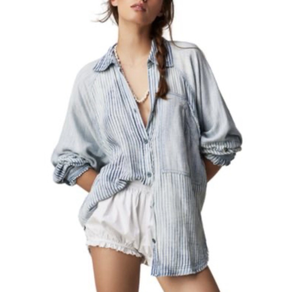 Free People We The Free Indigo Skies Striped Button Front Shirt Large Slouchy